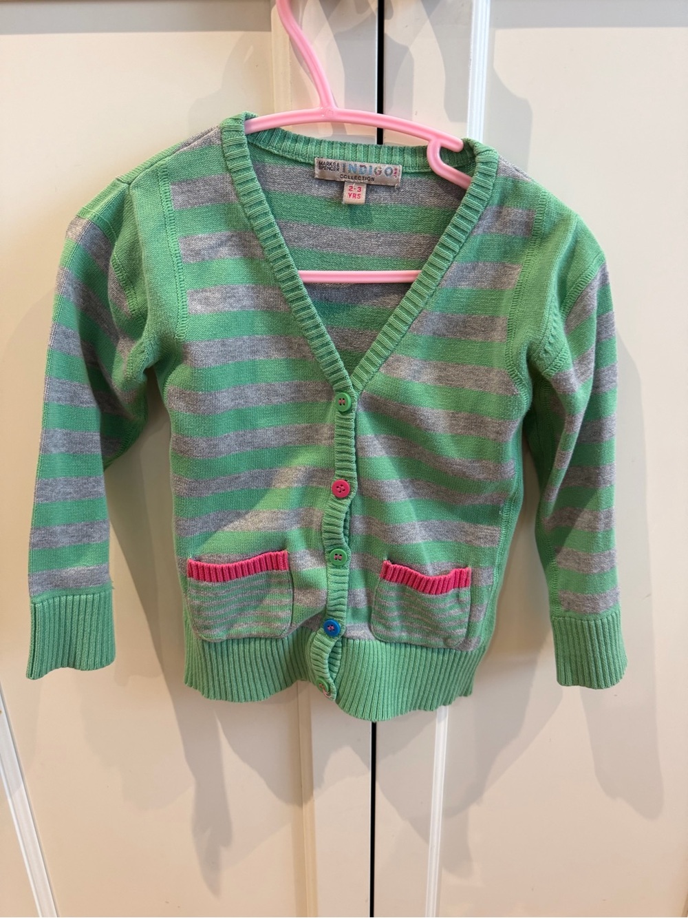 Marks and Spencer 2-3t Green & Gray Striped Button Cardigan with Pink Trim